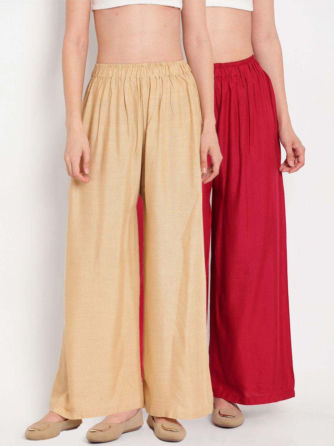 tag 7 women set of 2 maroon & beige solid flared palazzos