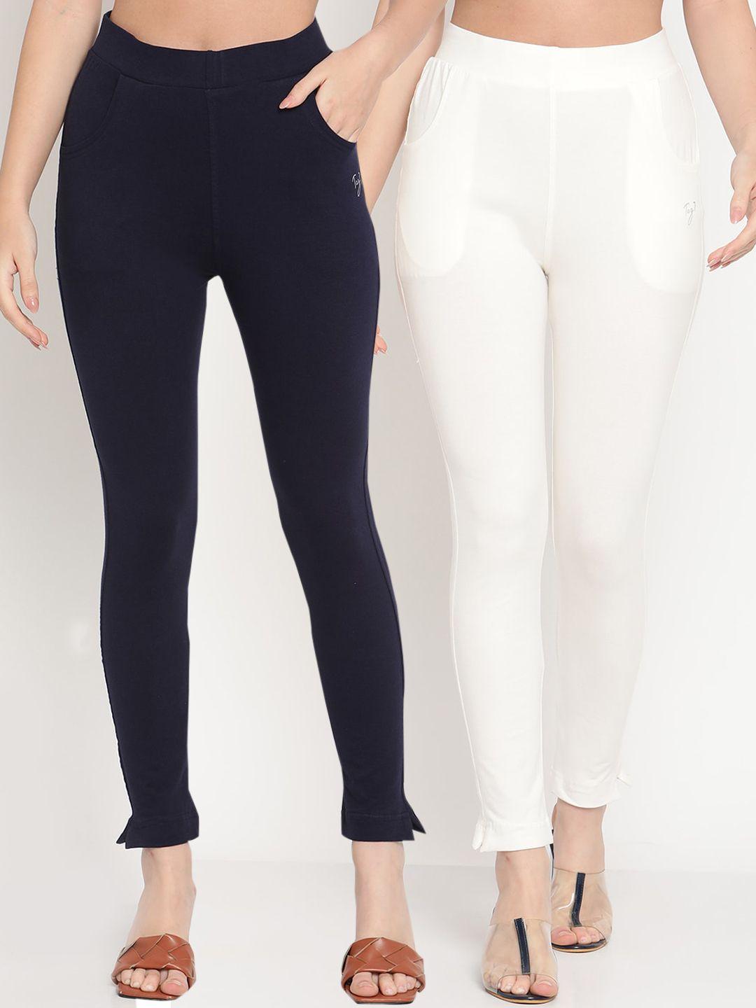 tag 7 women set of 2 navy blue & off white ankle length leggings