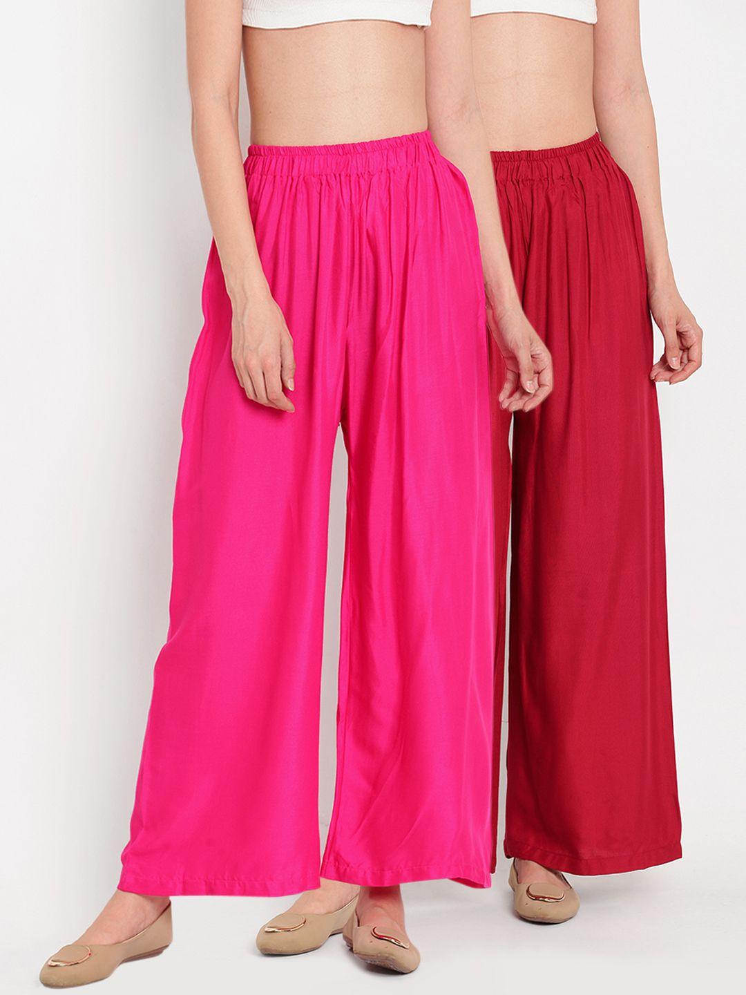 tag 7 women set of 2 pink & maroon solid flared palazzos