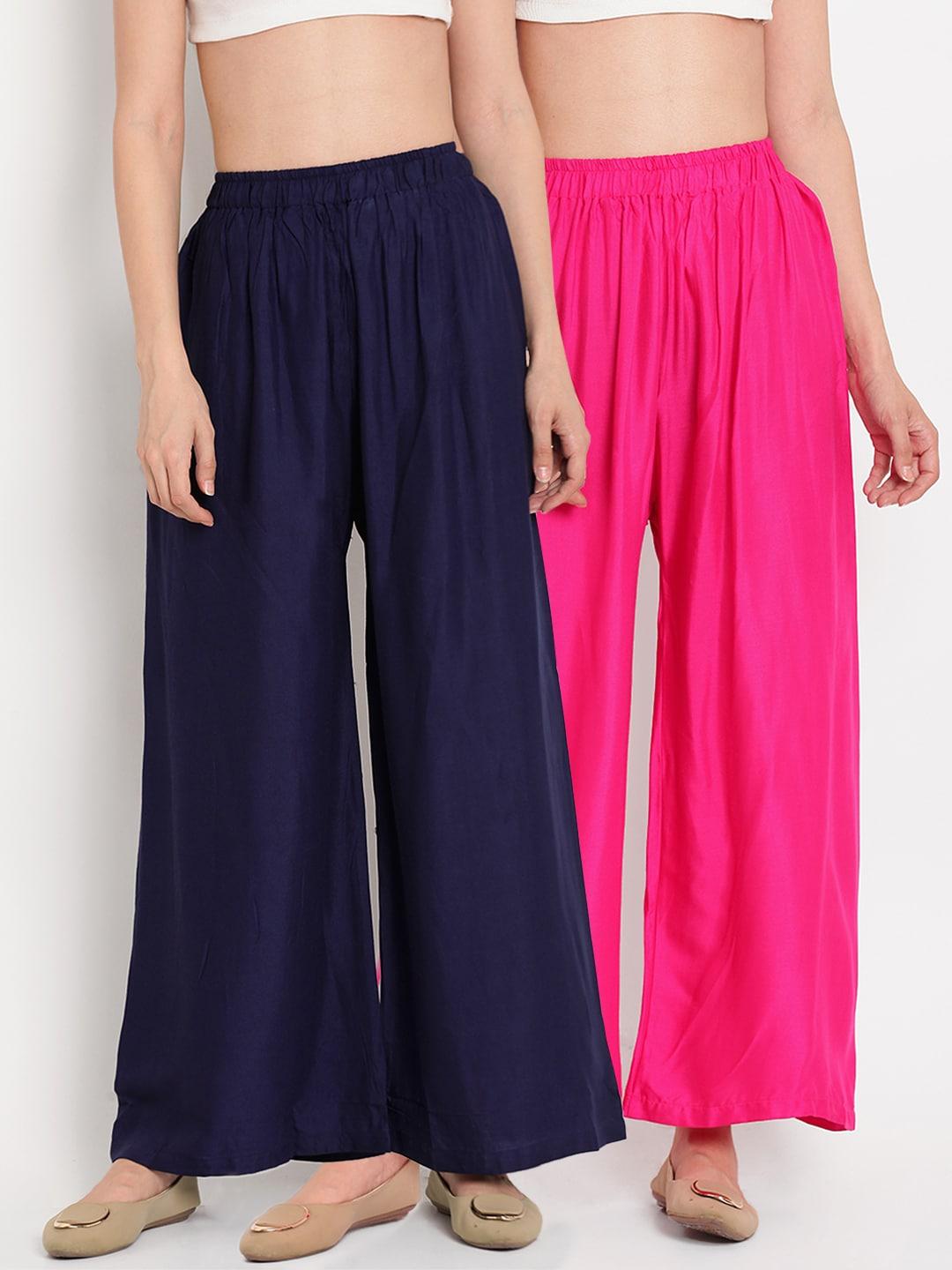 tag 7 women set of 2 pink & navy blue solid flared palazzos
