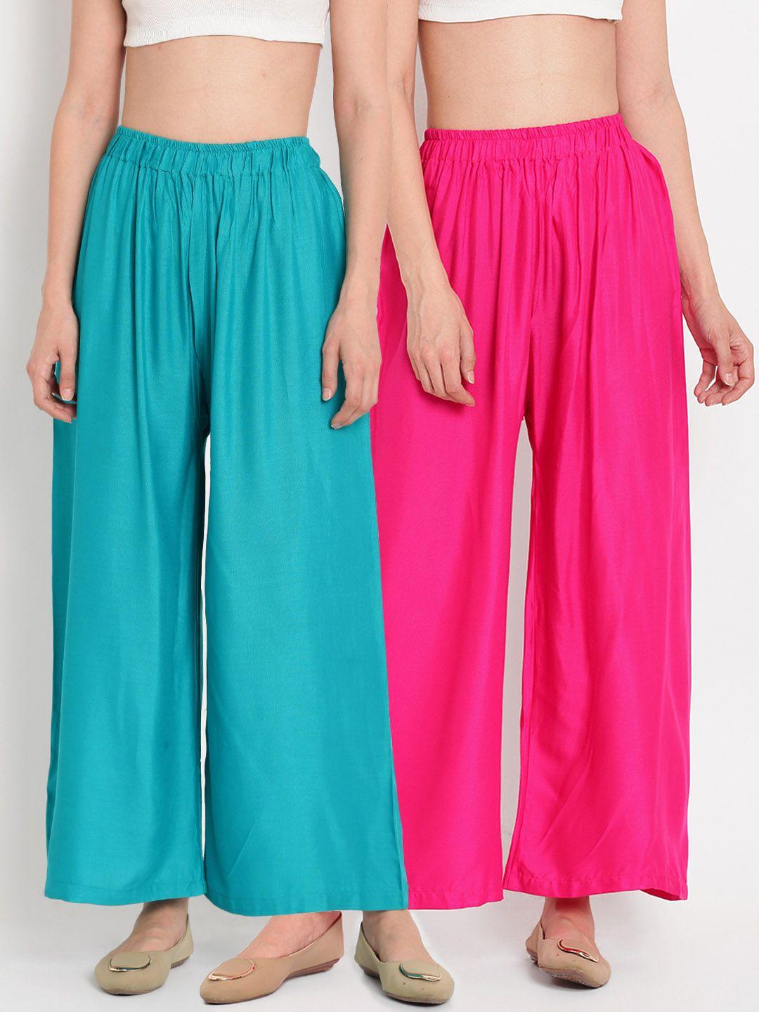 tag 7 women set of 2 pink & teal blue solid flared palazzos