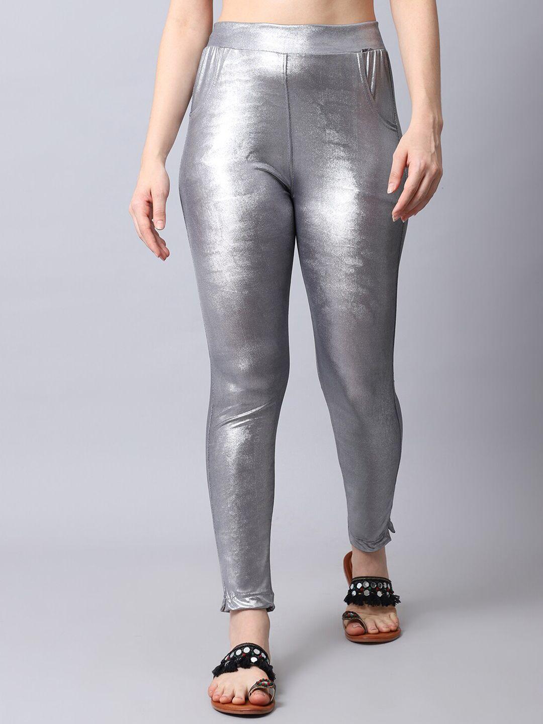 tag 7 women silver-toned solid ankle-length leggings