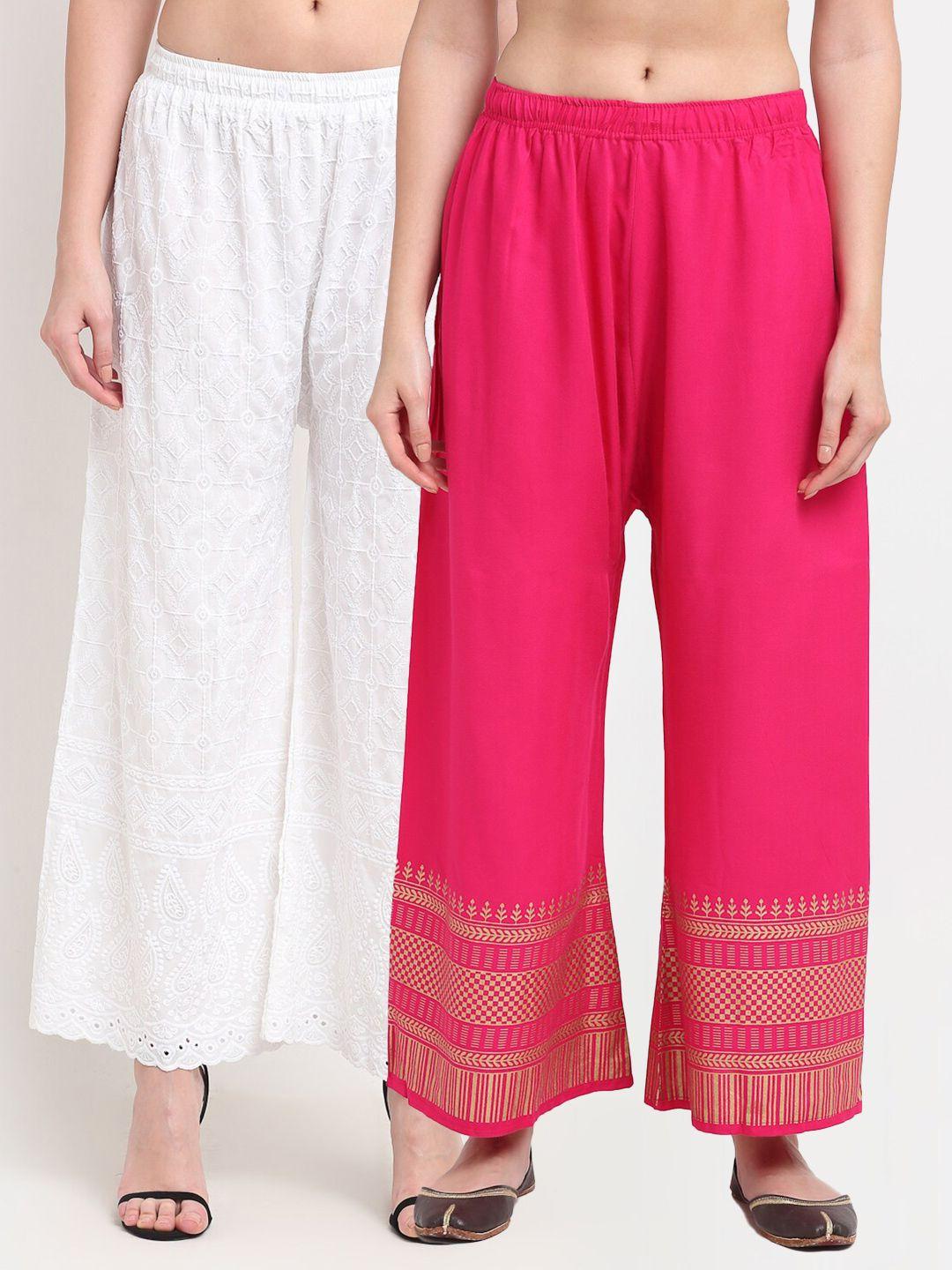 tag 7 women white & pink pack of 2 ethnic motifs printed flared palazzos