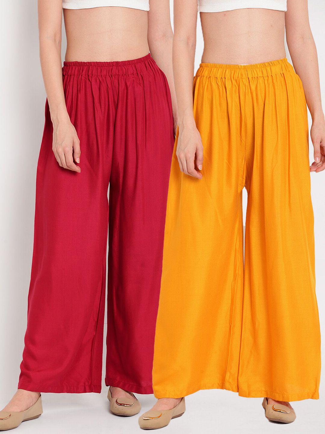 tag 7 women yellow & red set of 2 flared ethnic palazzos