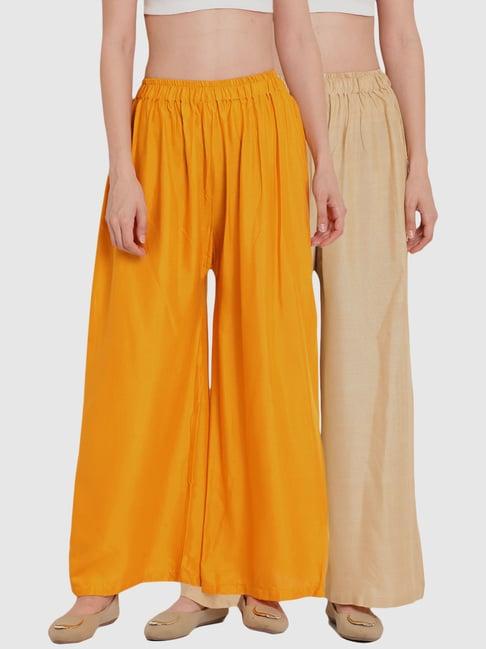 tag 7 yellow & beige cotton palazzos - pack of 2