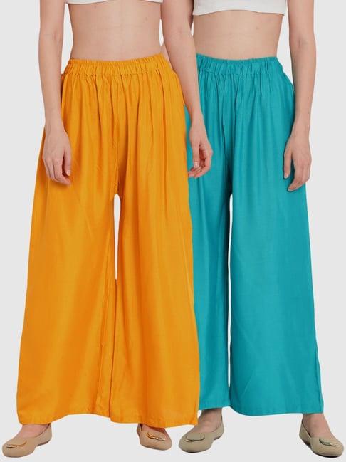 tag 7 yellow & blue cotton palazzos - pack of 2