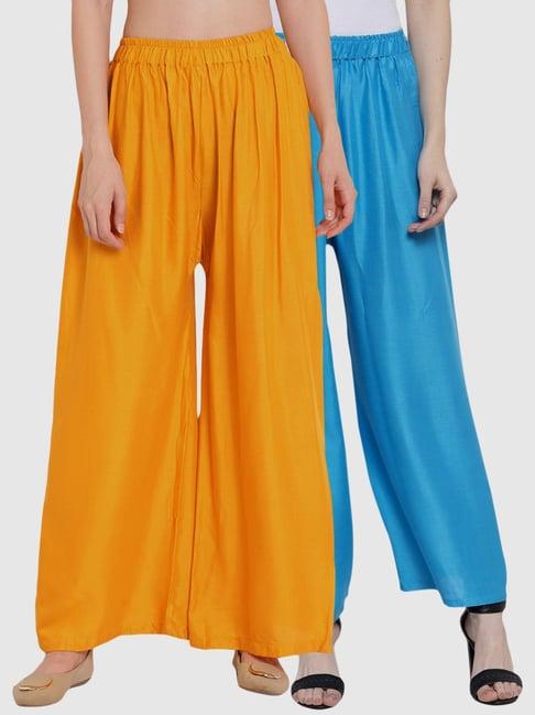 tag 7 yellow & blue cotton palazzos - pack of 2