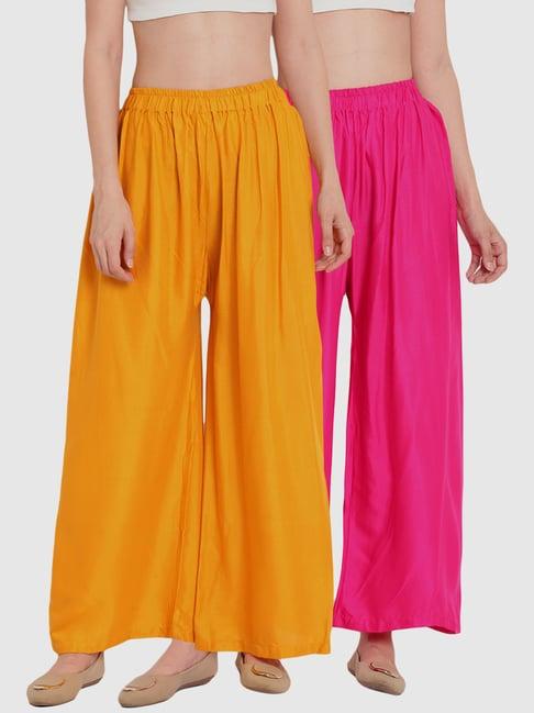 tag 7 yellow & pink cotton palazzos - pack of 2