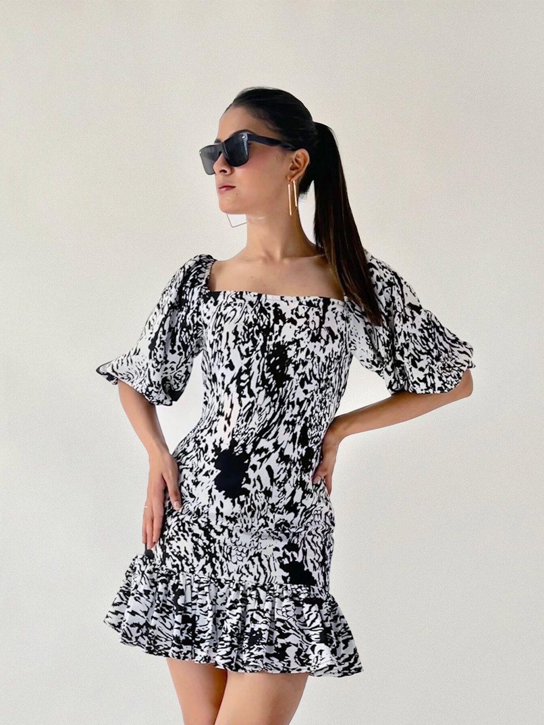 taggd animal print puff sleeves crepe a-line mini dress