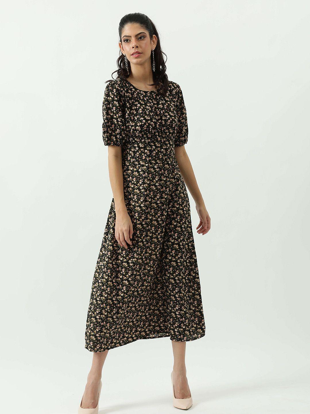 taggd black animal print puff sleeve crepe fit & flare midi dress