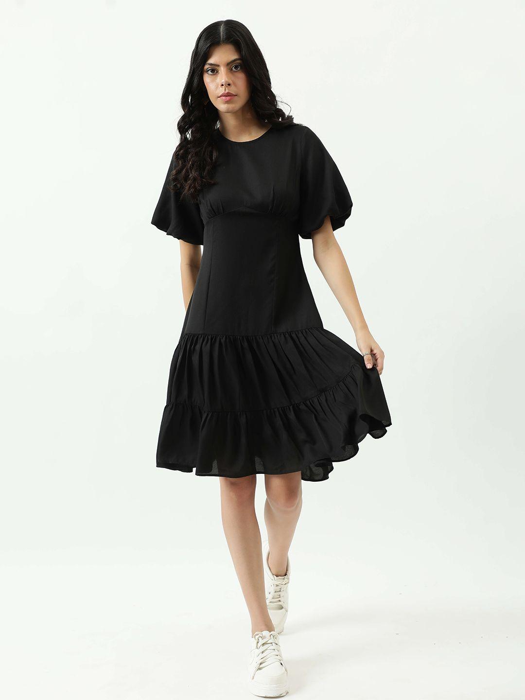 taggd black flared sleeve crepe drop-waist dress