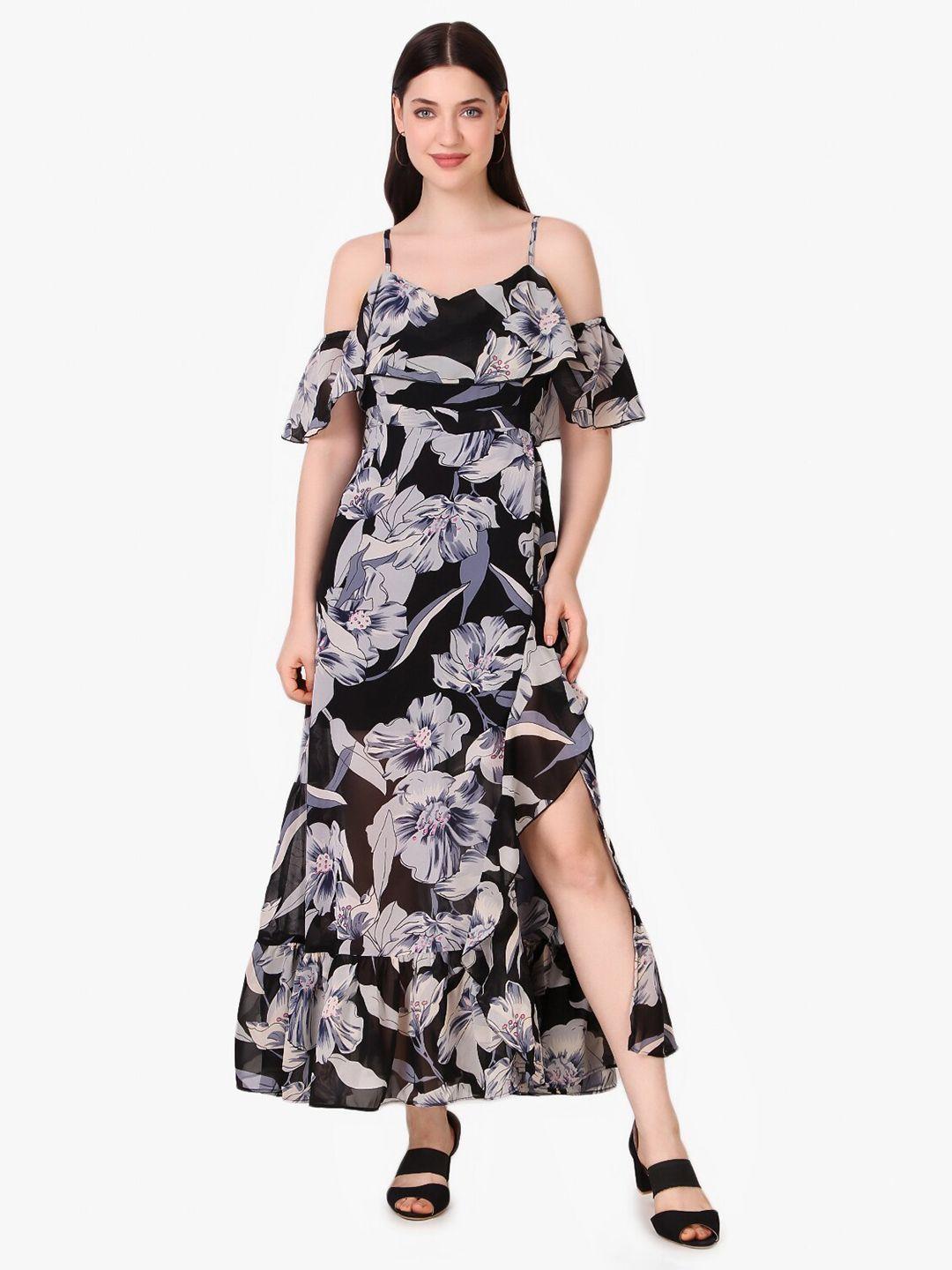 taggd floral printed cold-shoulder fit & flare maxi dress