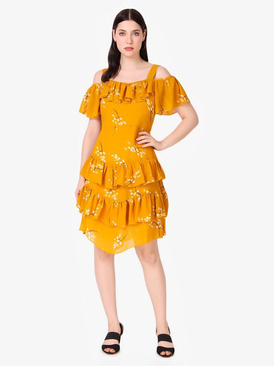 taggd floral printed cold-shoulder ruffled fit & flare dress