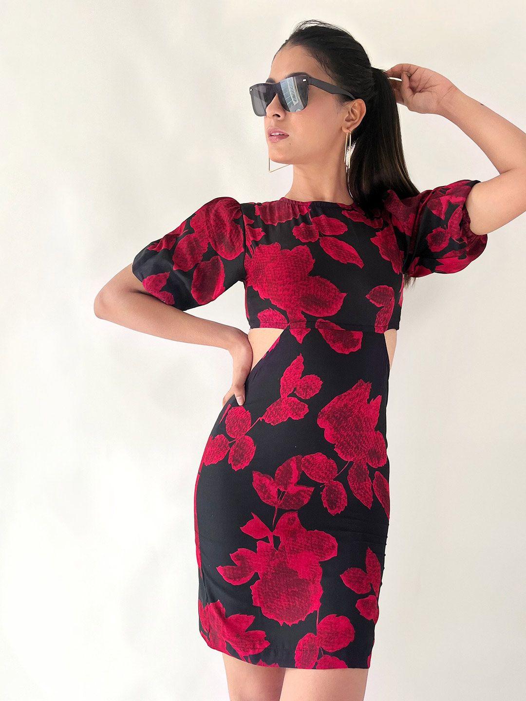taggd floral printed crepe cut-out bodycon dress