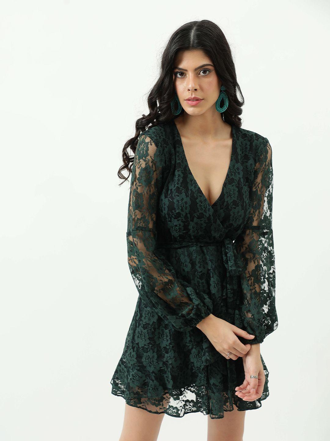 taggd green floral print lace fit & flare dress