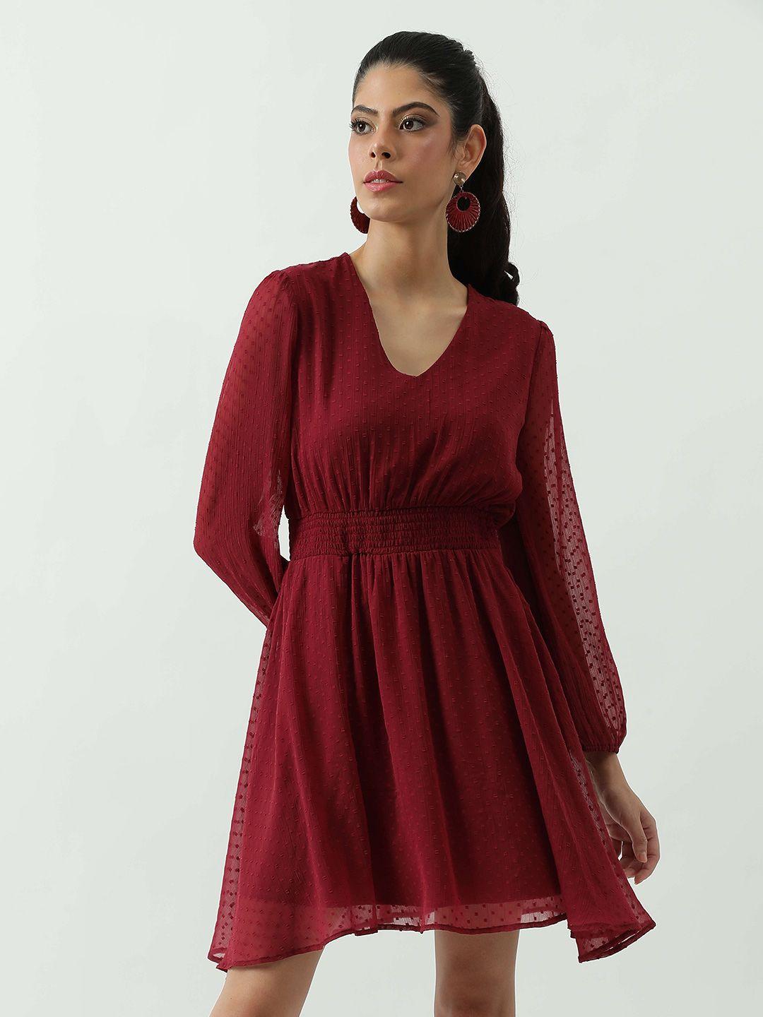 taggd maroon georgette fit & flare dress