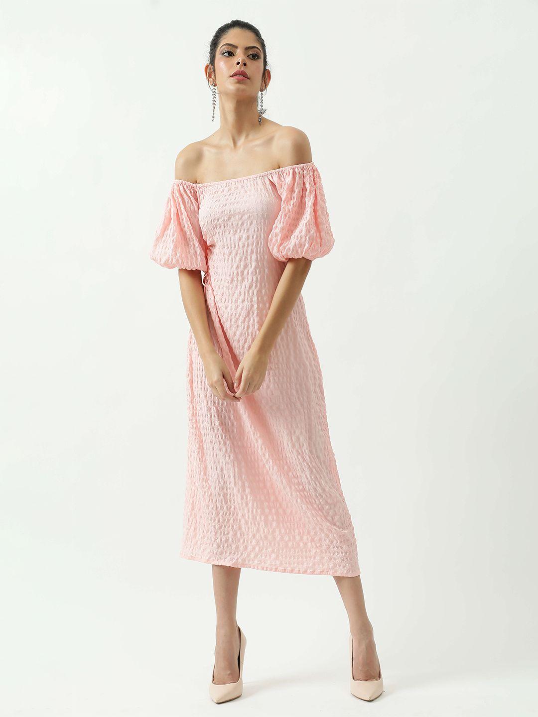 taggd off-shoulder cuffed sleeve a-line midi dress