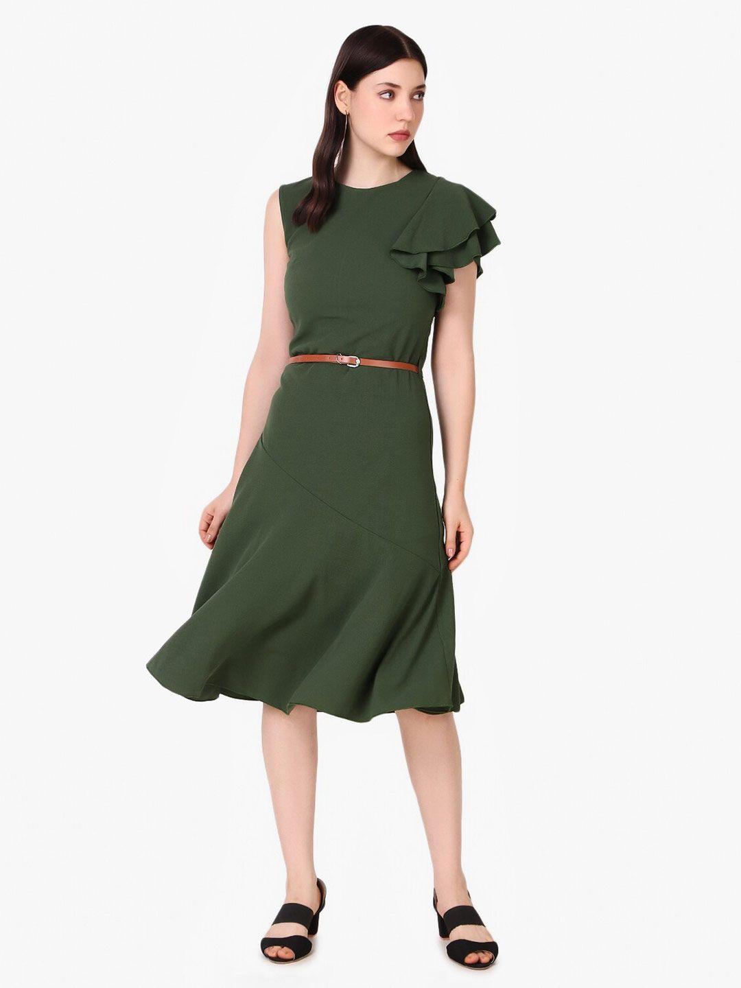 taggd round neck ruffled a-line dress with belt