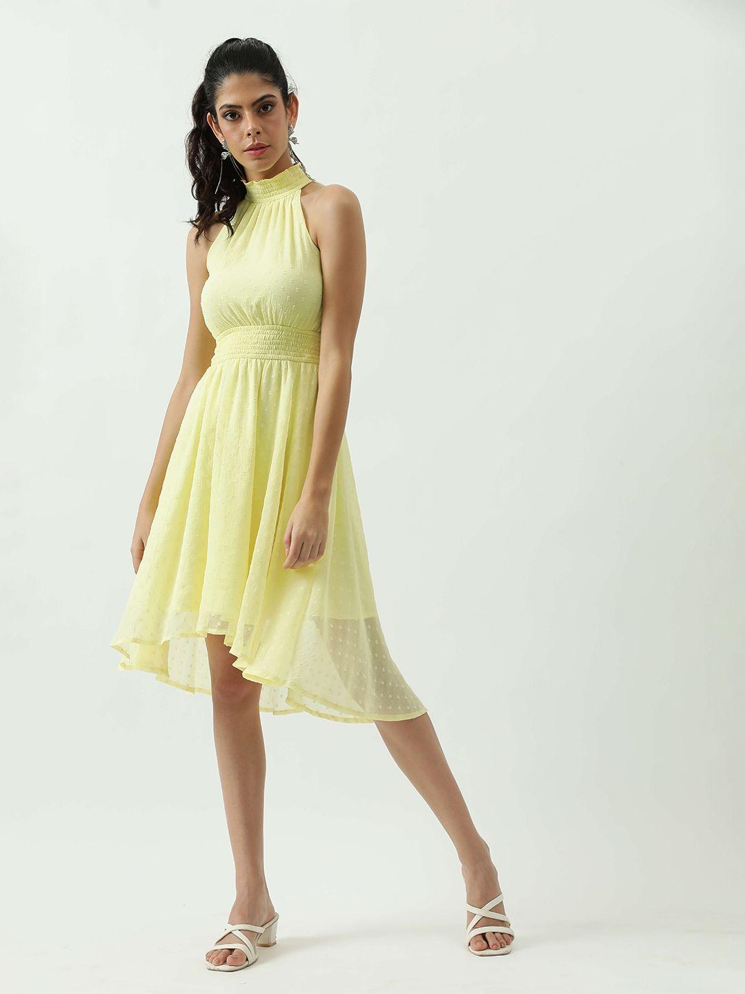 taggd yellow georgette fit & flare dress