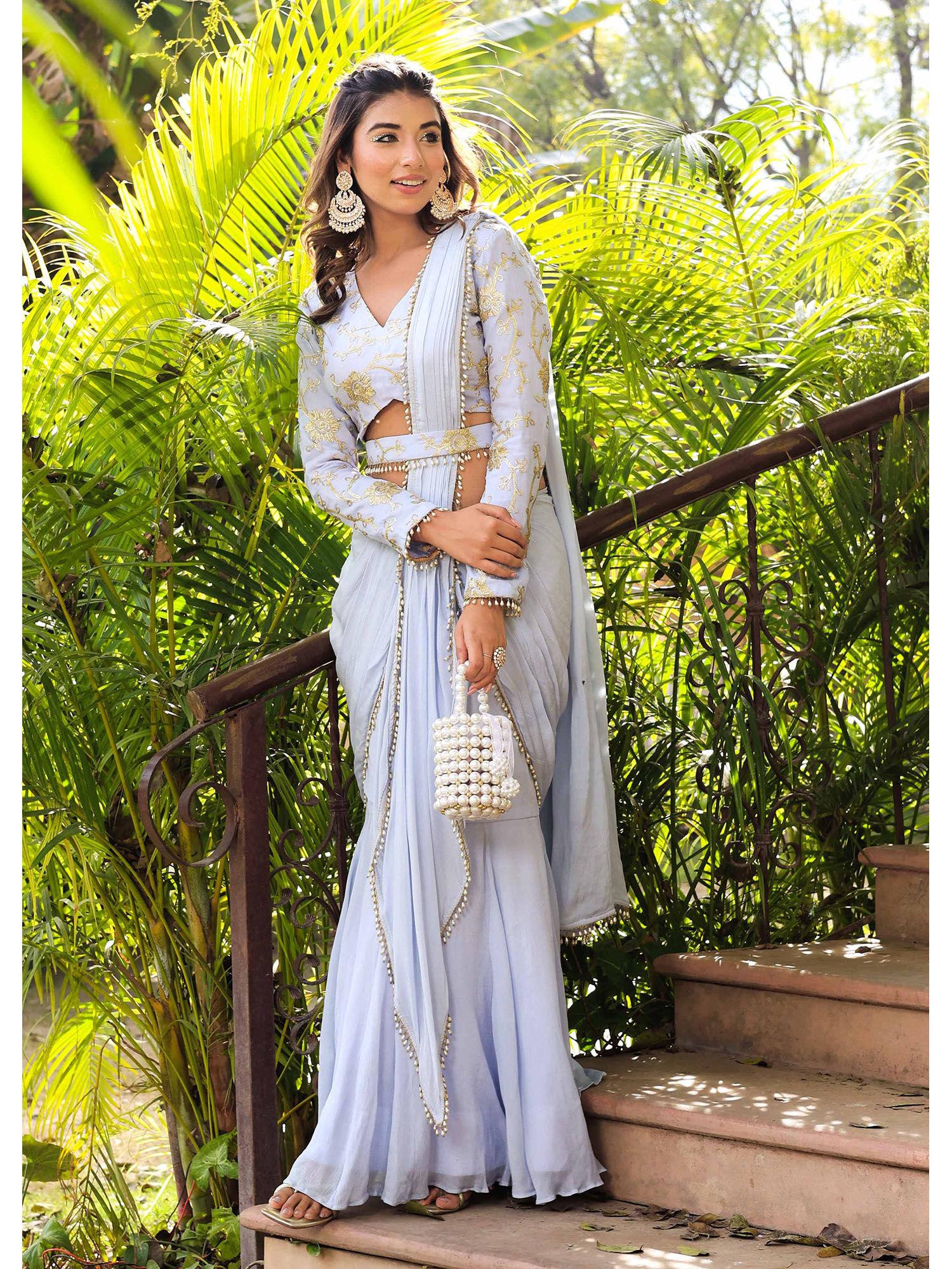 tahira blue pre-draped saree with belt and stitched blouse