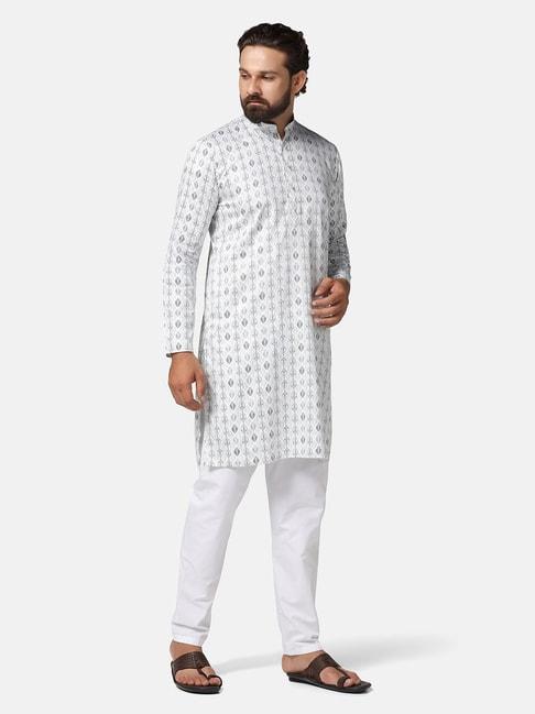 tahvo green & white slim fit printed kurta & pyjamas set