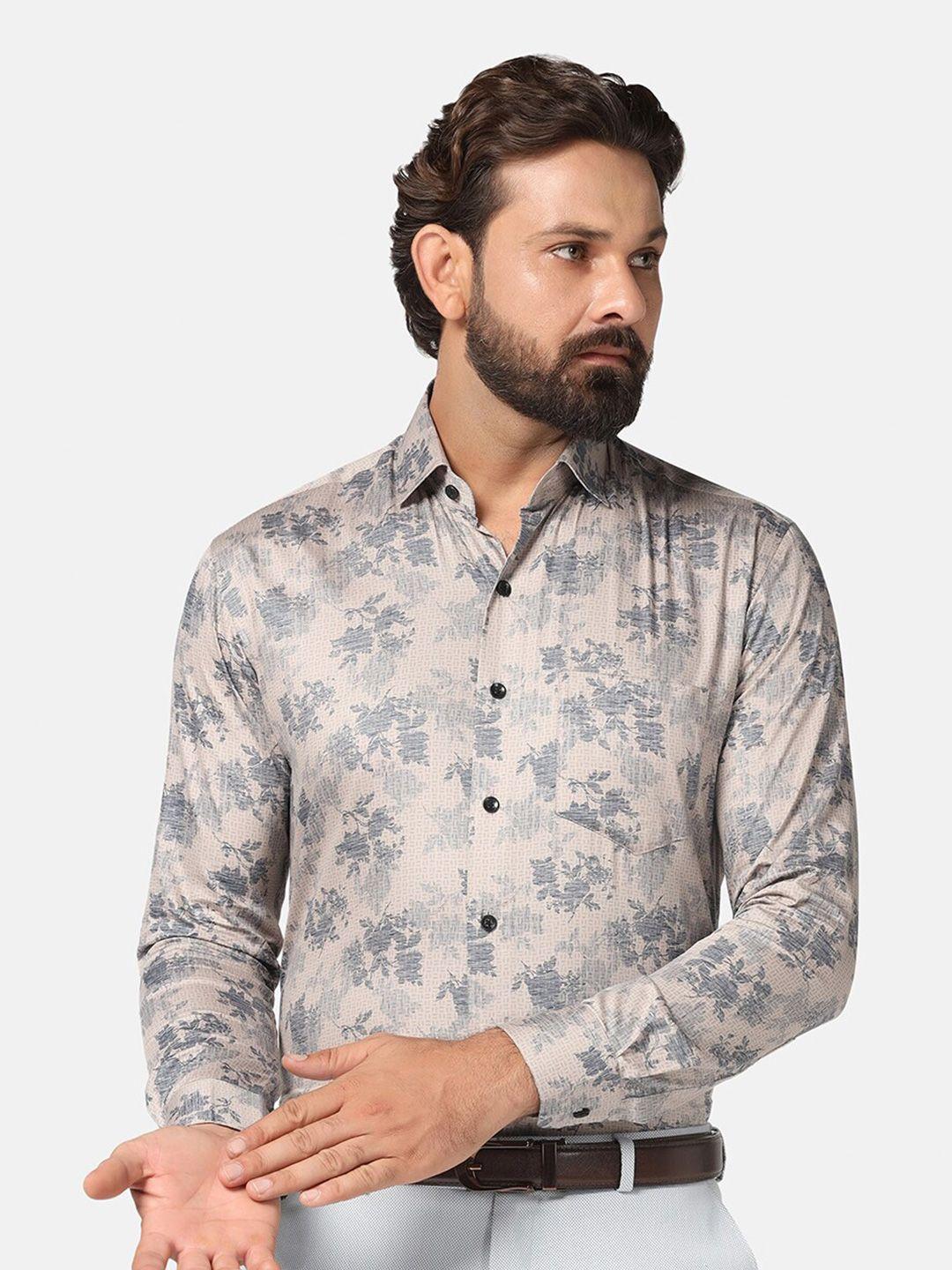 tahvo men grey slim fit opaque printed casual shirt