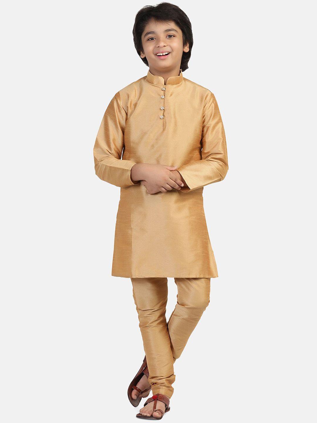 tahvo boys gold-toned regular dupion silk kurta with churidar