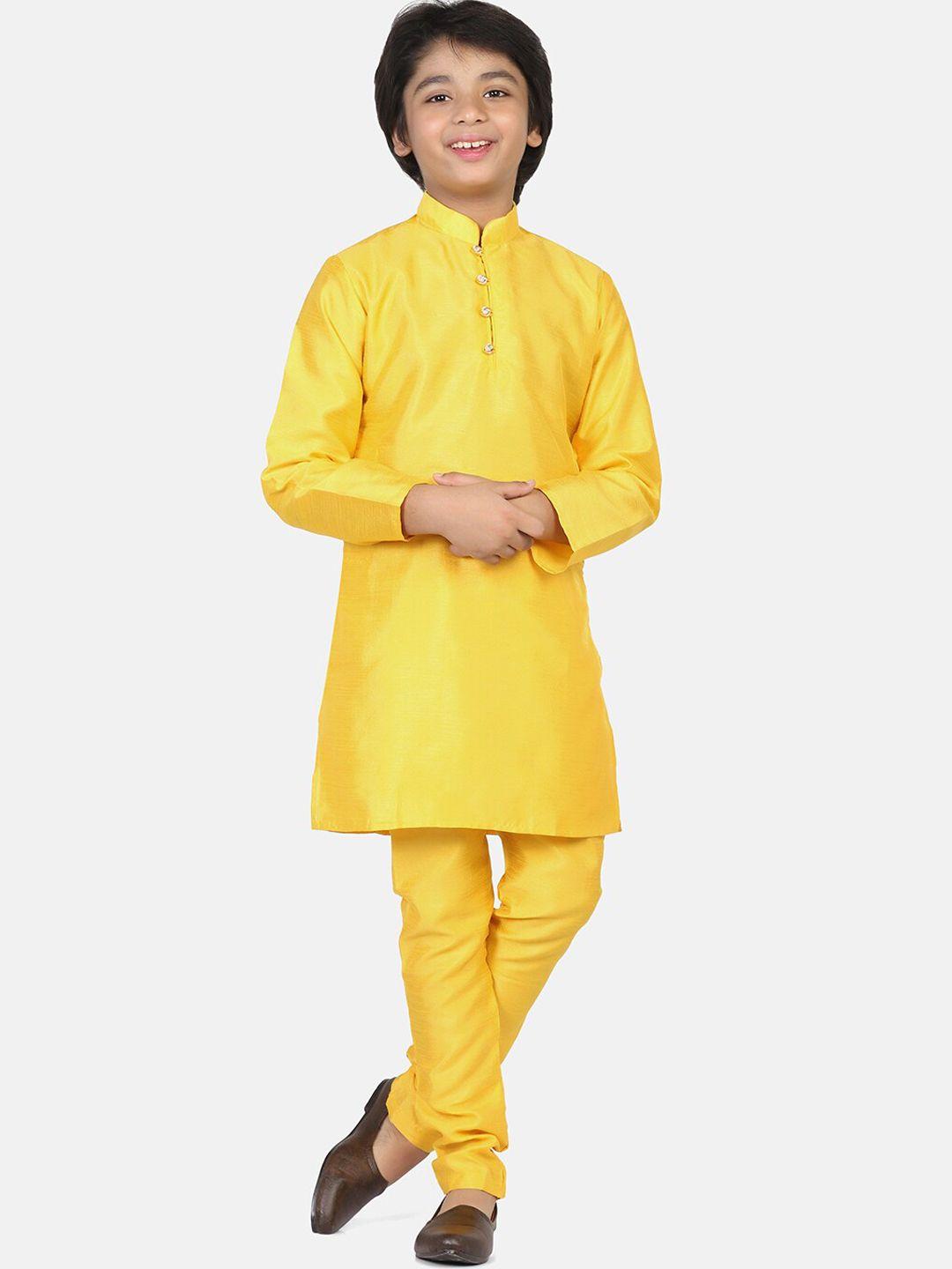 tahvo boys yellow regular dupion silk kurta with churidar