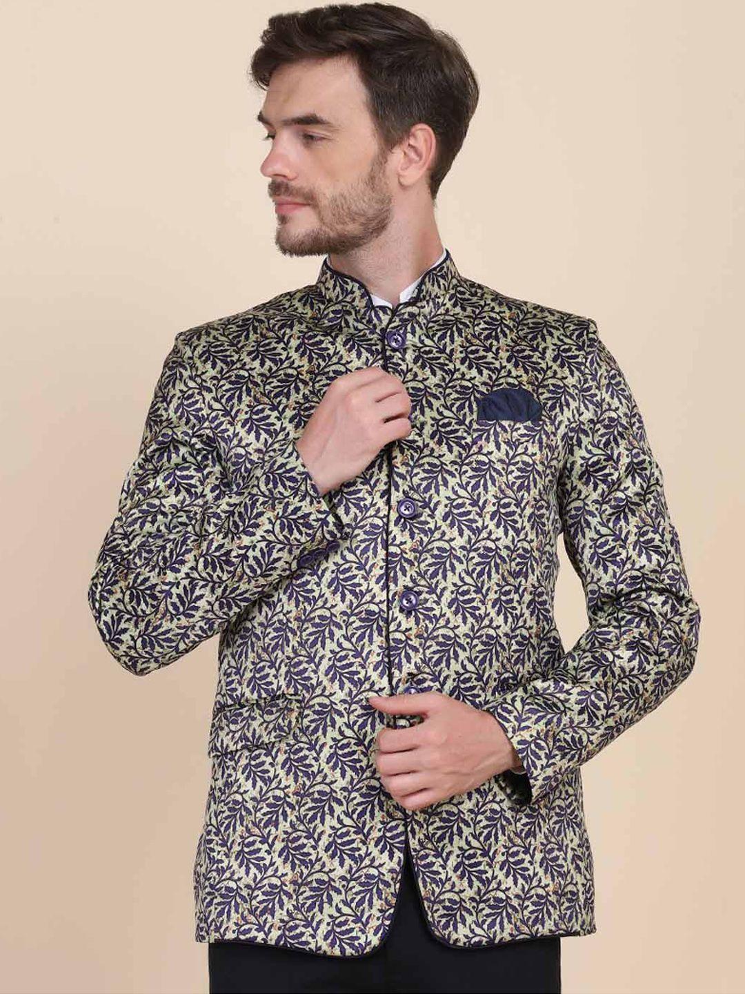 tahvo men green & navy blue printed slim-fit single-breasted bandhgala blazers