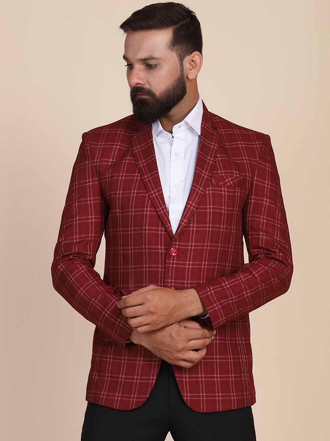 tahvo men maroon checked slim fit single breasted blazer