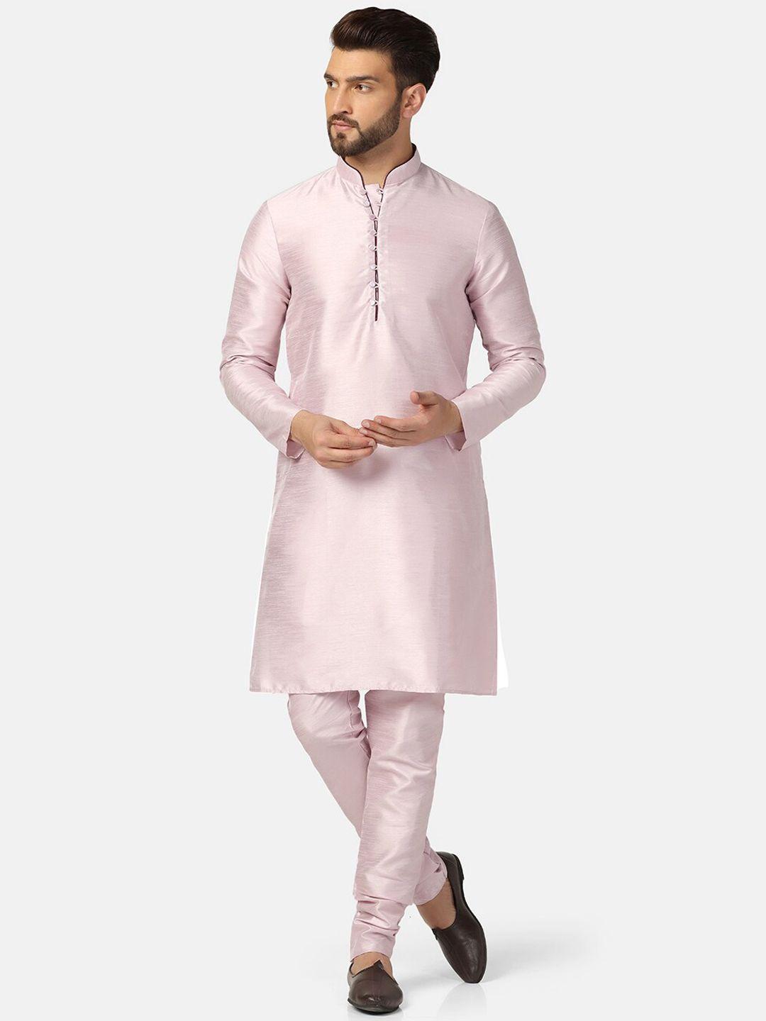 tahvo men pink regular dupion silk kurta with churidar