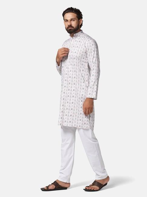 tahvo pink & white slim fit printed kurta & pyjamas set