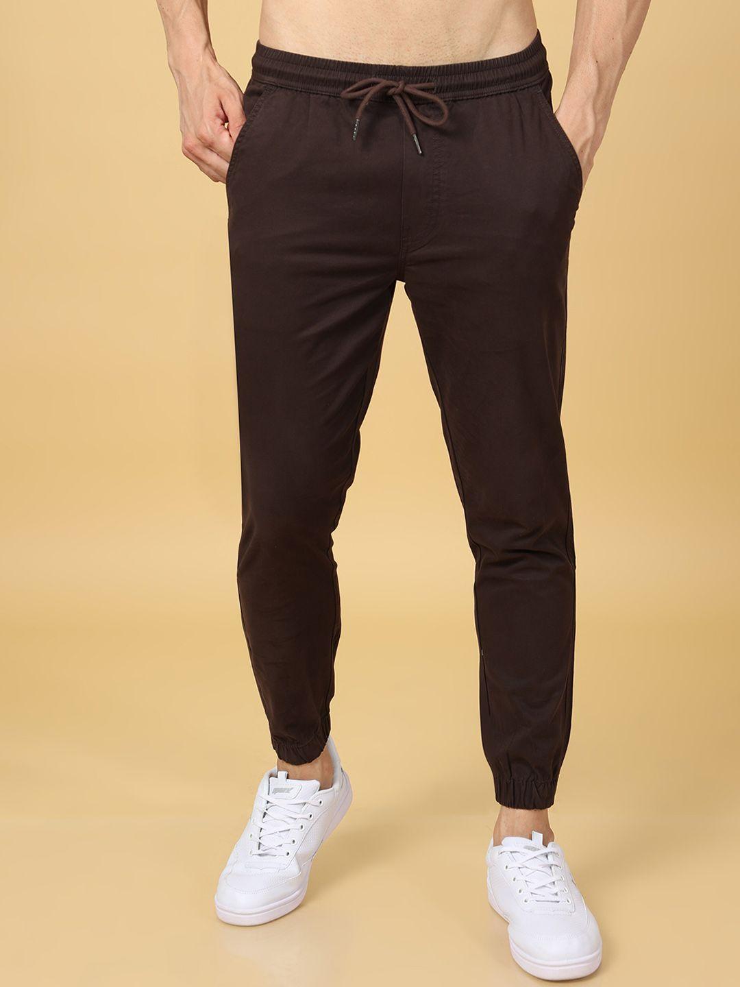 tailoraedge men brown relaxed slim fit joggers trousers