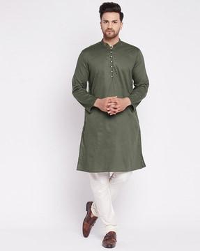 tailored fit long kurta with band collar