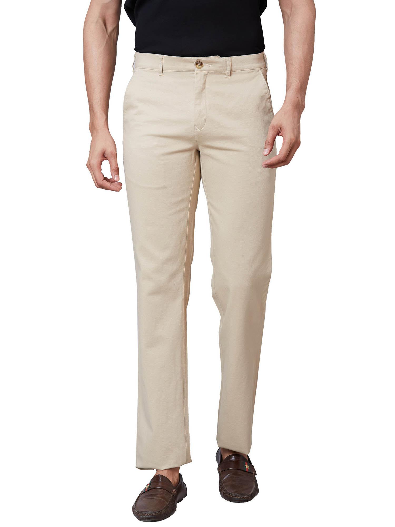 tailored fit solid medium beige casual trouser