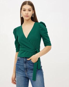 tailored fit wrap-style top with belt