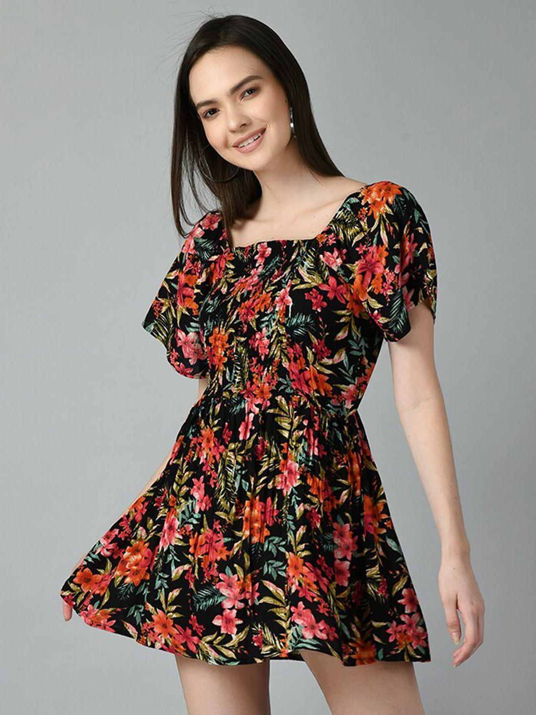 taki taki floral print flutter sleeves cotton fit & flare mini dress