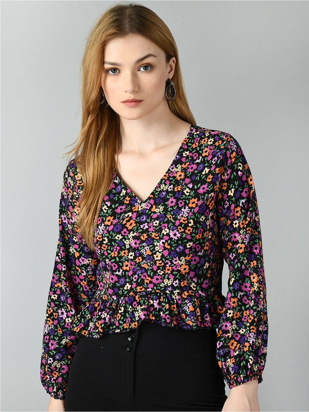 taki taki floral printed v-neck puff sleeve cinched waist top