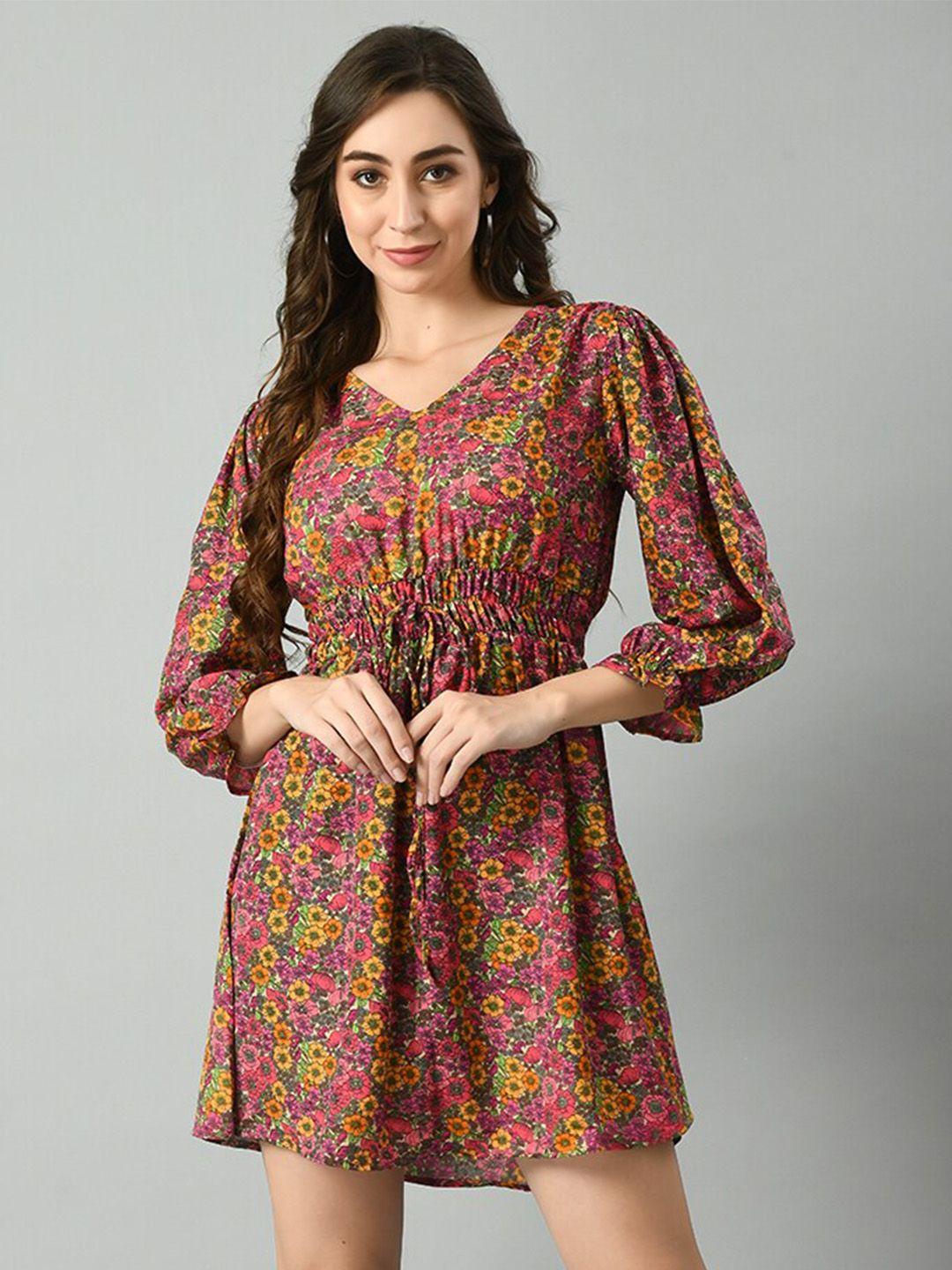 taki taki floral printed v-neck puff sleeves gathered detailed fit & flare dress