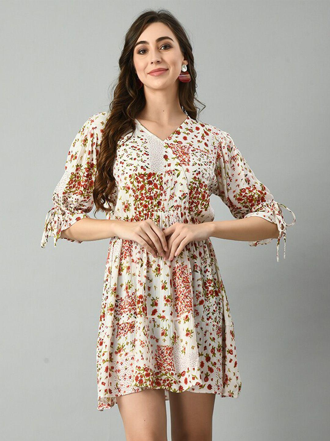 taki taki floral printed v-neck puff sleeves gathered detailed fit & flare dress