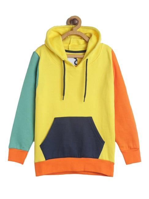tales & stories boy's yellow cotton poly color-block sweatshirt with hoodie