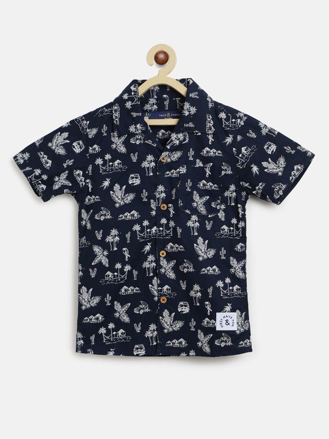 tales & stories boys navy blue printed casual shirt