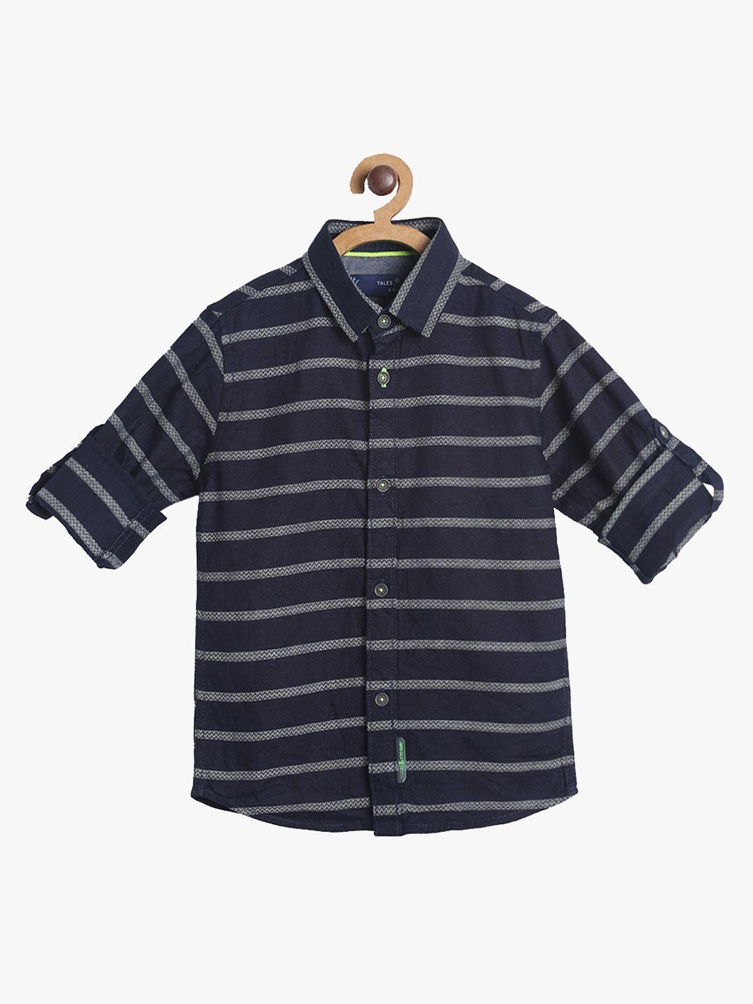tales & stories boys navy blue regular fit striped casual shirt