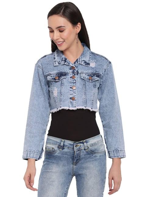 tales & stories blue distressed crop jacket