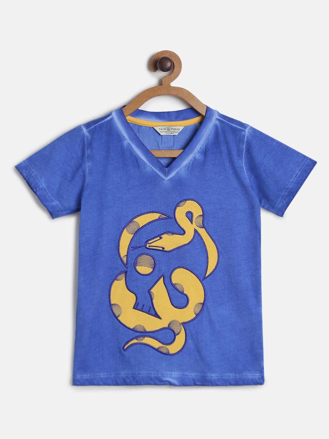 tales & stories boys blue printed v-neck t-shirt