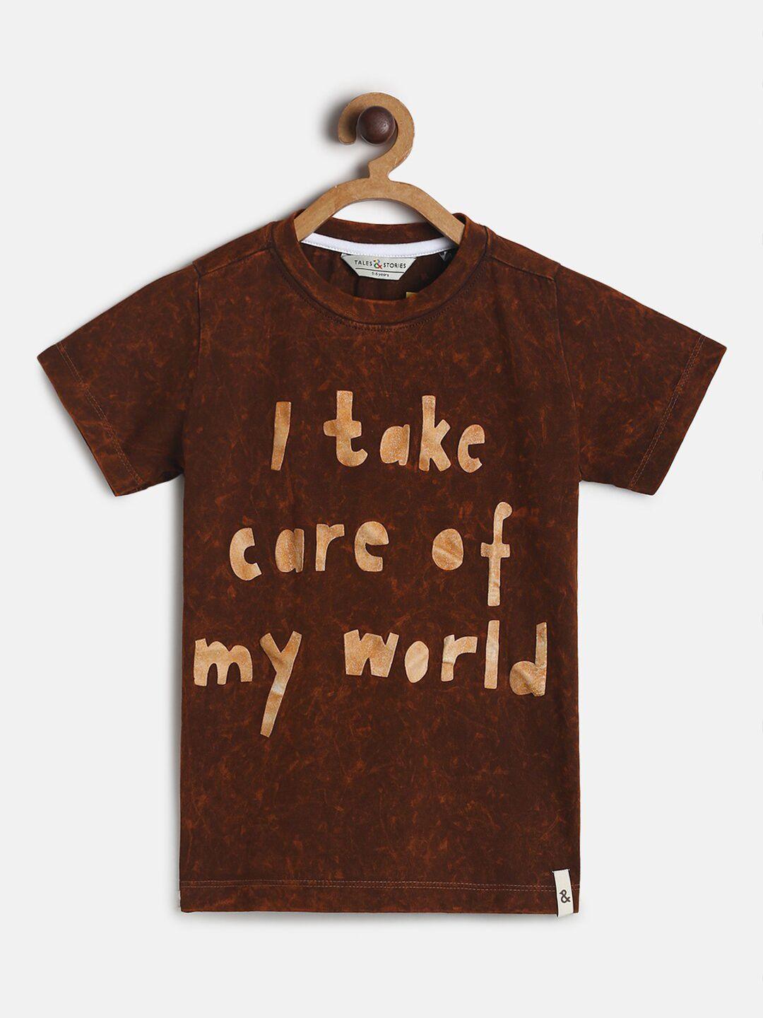 tales & stories boys brown vintage look typography printed round neck t shirt