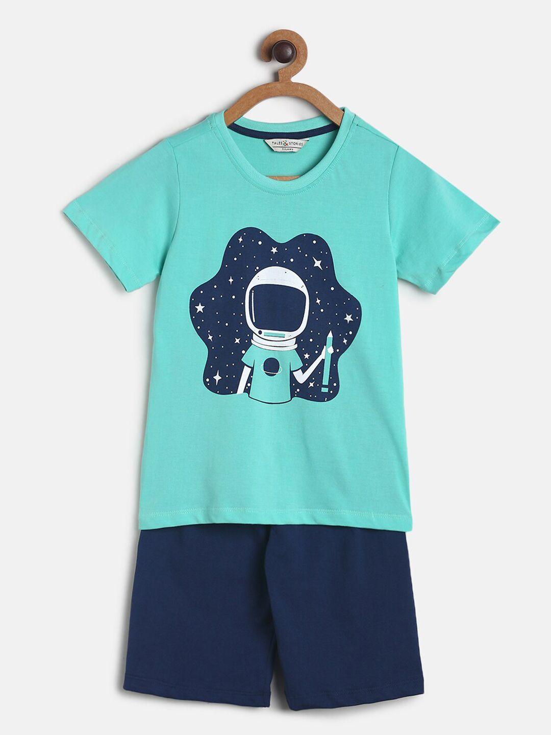 tales & stories boys green & navy blue printed top with shorts