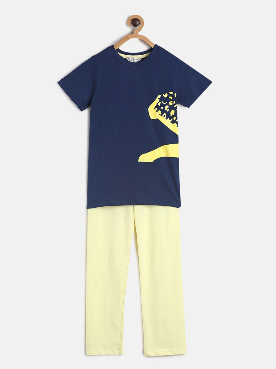 tales & stories boys navy blue & yellow printed cotton night suit