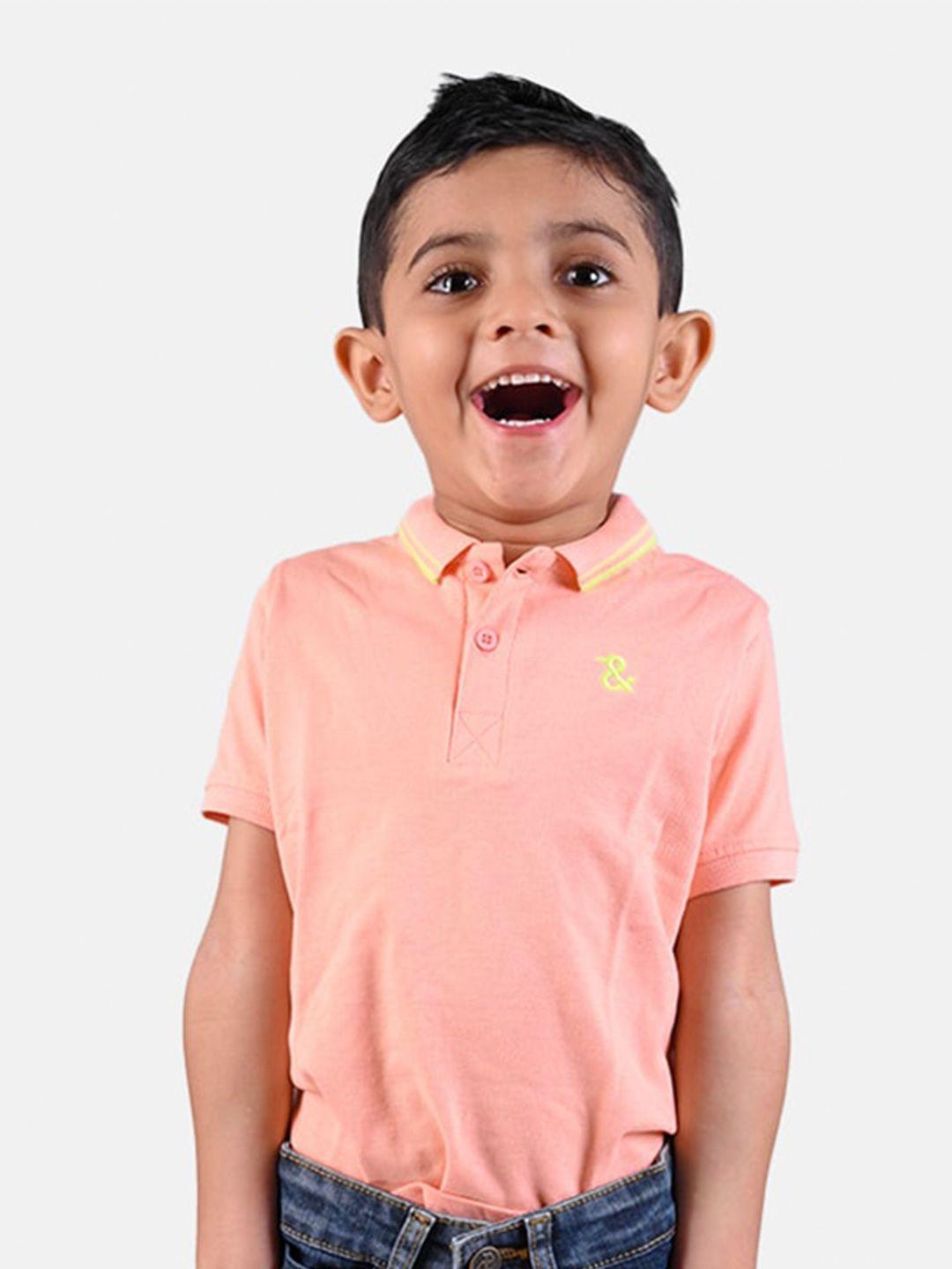 tales & stories boys peach-coloured checked henley neck extended sleeves t-shirt