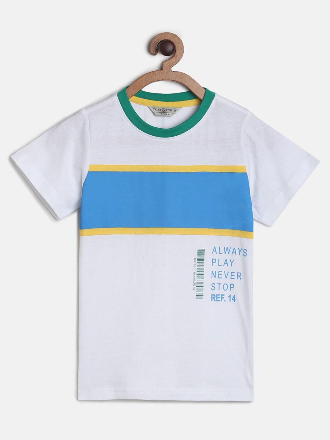 tales & stories boys white & blue colourblocked cotton t-shirt